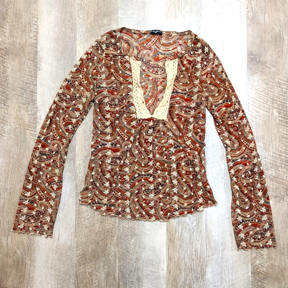 Fang Vintage Red and White Sheer Long Sleeve Top